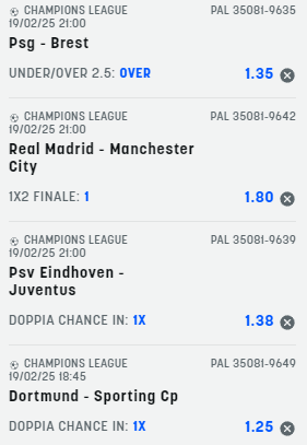 scommesse pronte Champions League 2025-02-19